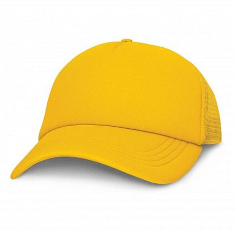Set of 6 bright yellow trucker caps with padded front, mesh panels, and adjustable snap back for sun protection and style.
