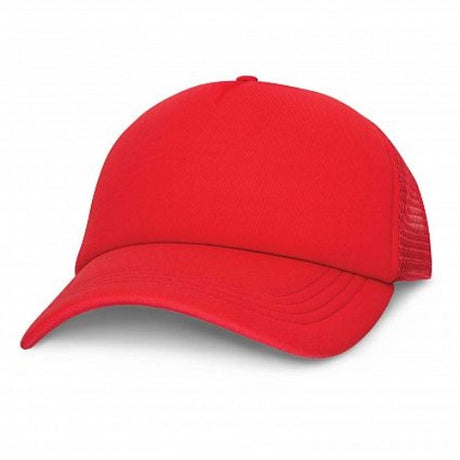 Set of 6 vibrant red mesh trucker caps with breathable design, padded front, and adjustable snapback for comfort and style.