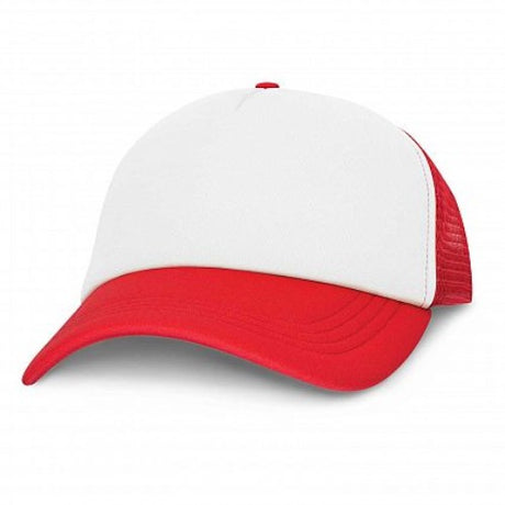 White and red five-panel trucker caps set of six, featuring breathable mesh, padded front, and adjustable snapback closure.