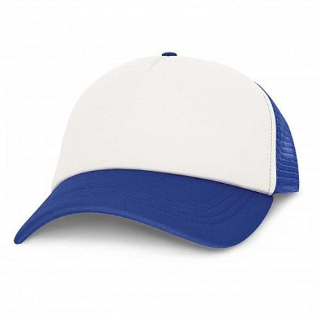 Set of 6 stylish white and royal blue mesh caps with adjustable fit, breathable panels, and pre-curved peak for comfort.
