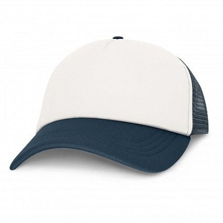 Set of 6 white and navy trucker caps with padded front, breathable mesh, and adjustable snap-back for outdoor activities.