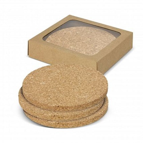 Natural cork coasters (100mm, 4mm thick) in packs of 20, stylishly protecting surfaces while showcasing eco-friendly design.