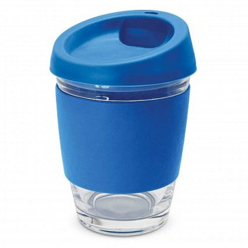 Set of 6 Royal Blue reusable glass cups with silicone lids and bands, eco-friendly and stylish for various beverages.