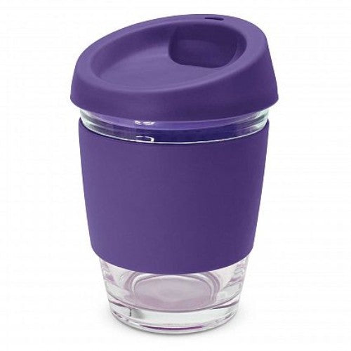 Set of 6 purple reusable glass coffee cups with silicone lids and bands for stylish, eco-friendly drinking.