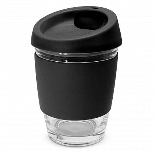 Set of 6 black glass coffee cups with silicone lids and bands, perfect for stylish and eco-friendly hydration.