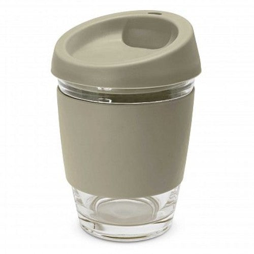 Set of 6 grey reusable glass coffee cups with silicone lids and bands, eco-friendly for on-the-go convenience.
