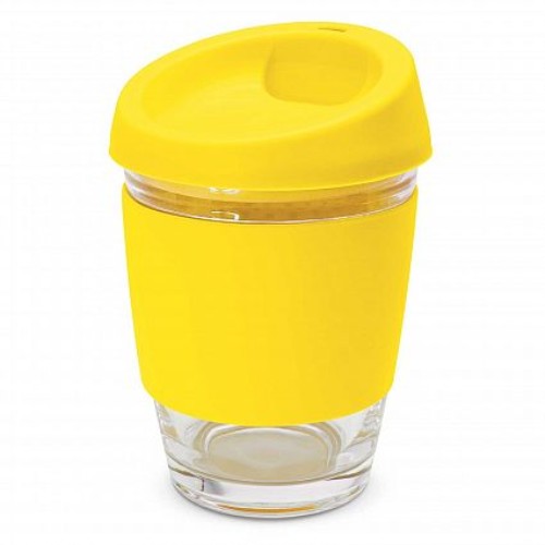 Set of 6 vibrant yellow reusable glass cups with silicone lids and bands, ideal for eco-friendly sipping on-the-go.