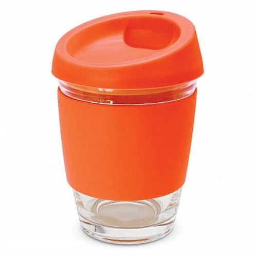Set of 6 vibrant orange reusable glass coffee cups with silicone lids and heat-resistant bands, eco-friendly and stylish.