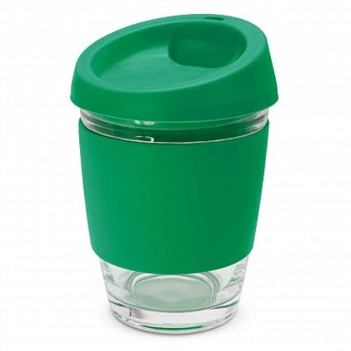 Set of 6 dark green reusable glass coffee cups with silicone lids and bands, perfect for eco-conscious coffee lovers.