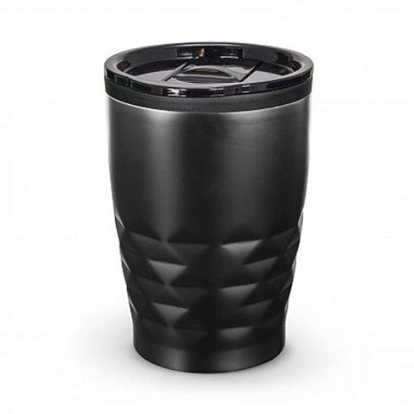 Set of 12 sleek black double wall coffee cups with diamond pattern, splash-proof lids, and non-marking bases for stability.