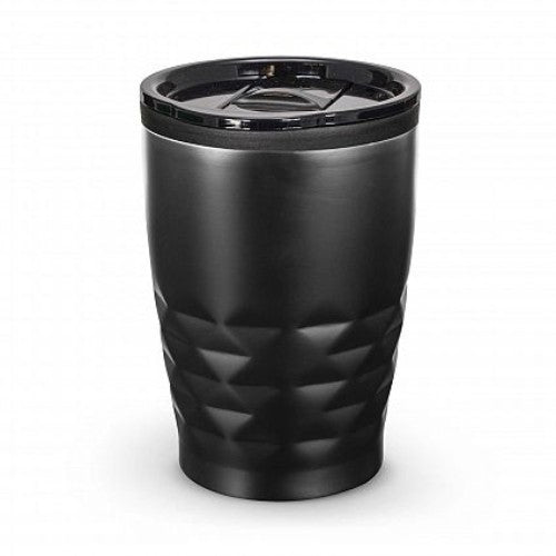 Set of 12 sleek black double wall coffee cups with diamond pattern, splash-proof lids, and non-marking bases for stability.