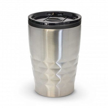 Set of 12 silver Urban Coffee Cups with double wall, stylish diamond pattern, and secure splash-proof lids for hot beverages.