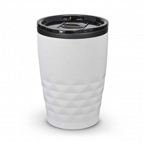 Set of 12 urban white coffee cups with double-wall insulation, splash-proof lids, and modern diamond-patterned design.