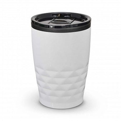 Set of 12 urban white coffee cups with double-wall insulation, splash-proof lids, and modern diamond-patterned design.