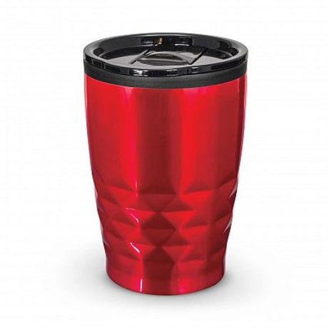 Set of 12 sleek red 400ml double-wall coffee cups with diamond pattern, splash-proof lid, and non-marking base for travel.