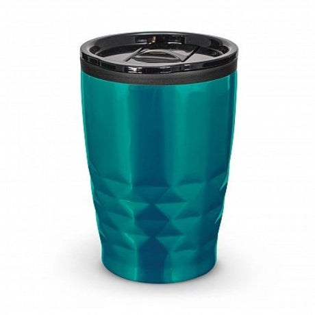 Set of 12 teal Urban Coffee Cups with diamond patterned stainless steel, double-wall insulation, and splash-proof lids.