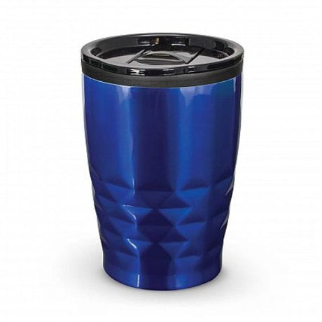 Set of 12 trendy blue double wall coffee cups with diamond pattern, secure lids, and soft non-marking bases for on-the-go use.