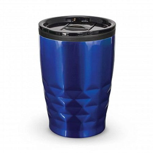 Set of 12 trendy blue double wall coffee cups with diamond pattern, secure lids, and soft non-marking bases for on-the-go use.