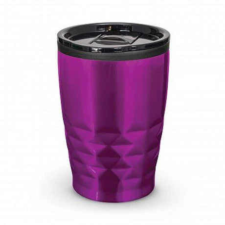 Set of 12 purple double wall coffee cups with diamond pattern, secure lids, and non-marking bases for stylish sipping.