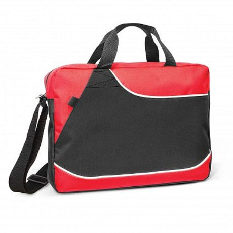 Three vibrant red Centrix Conference Satchels, featuring durable polyester, adjustable straps, and organized pockets, ideal for professionals.