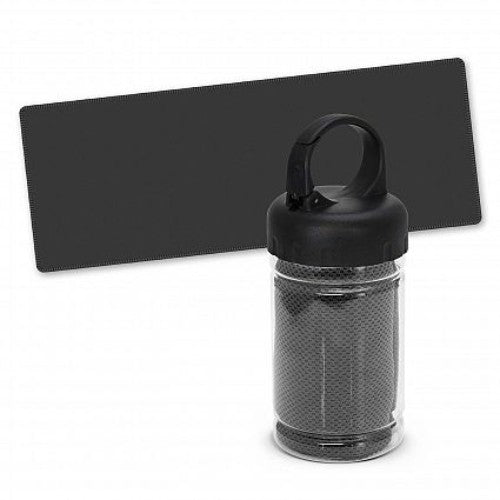 Set of 6 black cooling towels designed for sports, providing instant relief and convenience in a portable carabineer tube.