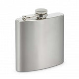 Set of 6 elegant silver stainless steel hip flasks, 200ml each, with hinged screw tops for secure, stylish beverage storage.