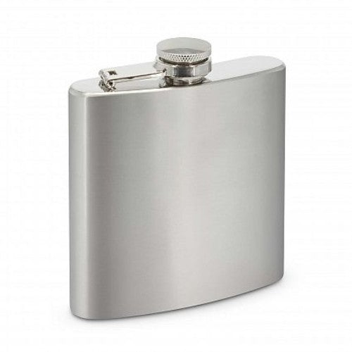 Set of 6 elegant silver stainless steel hip flasks, 200ml each, with hinged screw tops for secure, stylish beverage storage.