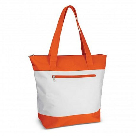 Vibrant orange set of 6 durable tote bags with zippered closure, perfect for shopping and travel.