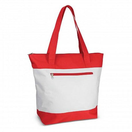 Bright red set of 6 durable polyester tote bags with zippered pockets, perfect for shopping and daily errands.