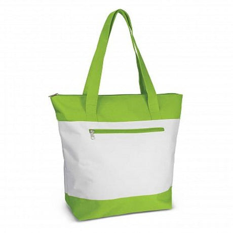Bright green Capella tote bag set of 6, durable 600D polyester, zippered closures, ideal for shopping and errands.