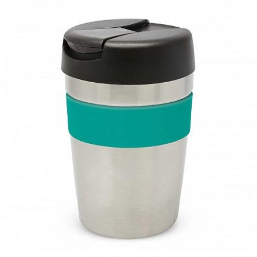 Java Vacuum Cup in silver and black with teal silicone band, 340ml, double wall insulated, keeps drinks hot for 3 hours.