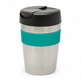 Java Vacuum Cup in silver and black with teal silicone band, 340ml, double wall insulated, keeps drinks hot for 3 hours.