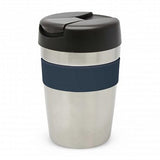 Stylish 340ml silver vacuum cup with navy silicone band, double wall insulation, and splash-proof lid, perfect for on-the-go.