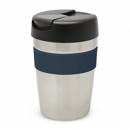 Stylish 340ml silver vacuum cup with navy silicone band, double wall insulation, and splash-proof lid, perfect for on-the-go.