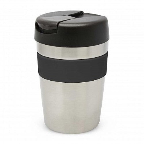Stylish silver and black Java Vacuum Cup, 340ml, with silicone band, vacuum insulation, and spill-proof lid for travel.