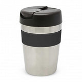 Stylish silver and black Java Vacuum Cup, 340ml, with silicone band, vacuum insulation, and spill-proof lid for travel.