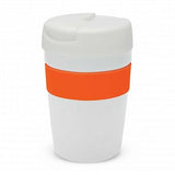 Java Vacuum Cup in white and orange, 340ml, features a silicone band, vacuum insulation, and a splash-proof lid for hot beverages.