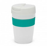 White vacuum cup with teal silicone band, double-wall insulation, 340ml capacity, and splash-proof lid for hot beverages.