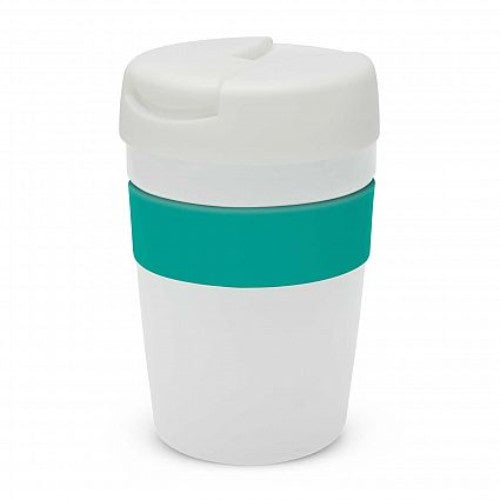 White vacuum cup with teal silicone band, double-wall insulation, 340ml capacity, and splash-proof lid for hot beverages.