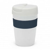 Java Vacuum Cup in white and navy, 340ml, double-wall insulated for hot drinks, with a silicone grip and secure lid.
