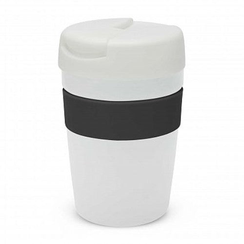 White Java Vacuum Cup with black soft-touch band, double wall insulated for hot drinks, splash-proof flip lid, stylish design.
