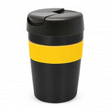 Java Vacuum Cup - 340ml in black and yellow, stainless steel, vacuum insulated, with silicone band and spill-proof lid.