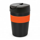 Java Vacuum Cup in black and orange, 340ml, featuring double wall insulation, screw lid, and splash-proof closure for travel.