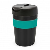 Java Vacuum Cup in black and teal, 340ml, designed to keep drinks hot for 3 hours; features a soft touch band and secure lid.
