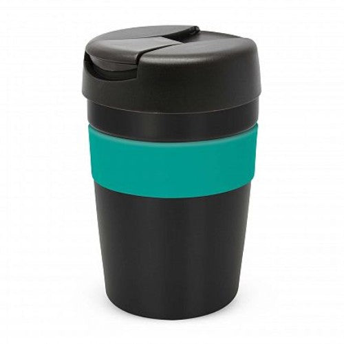 Java Vacuum Cup in black and teal, 340ml, designed to keep drinks hot for 3 hours; features a soft touch band and secure lid.
