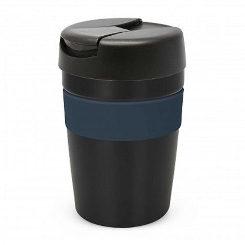 Java Vacuum Cup in black with navy band, 340ml, double wall insulated, splash-proof lid, presented in a black gift box.