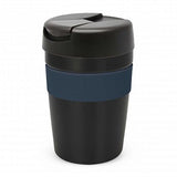 Java Vacuum Cup in black with navy band, 340ml, double wall insulated, splash-proof lid, presented in a black gift box.
