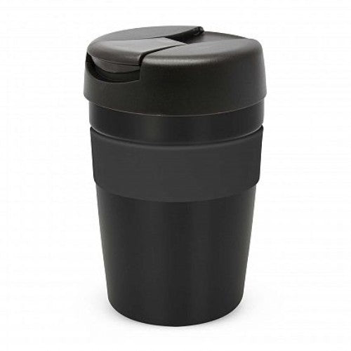 Java Vacuum Cup in black, 340ml, double-wall insulated for hot drinks, featuring a silicone band and splash-proof lid.