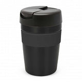Java Vacuum Cup in black, 340ml, double-wall insulated for hot drinks, featuring a silicone band and splash-proof lid.
