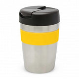 Java Vacuum Cup in silver, black, and yellow; 340ml stainless steel, keeps drinks hot for 3 hours, with soft touch grip.